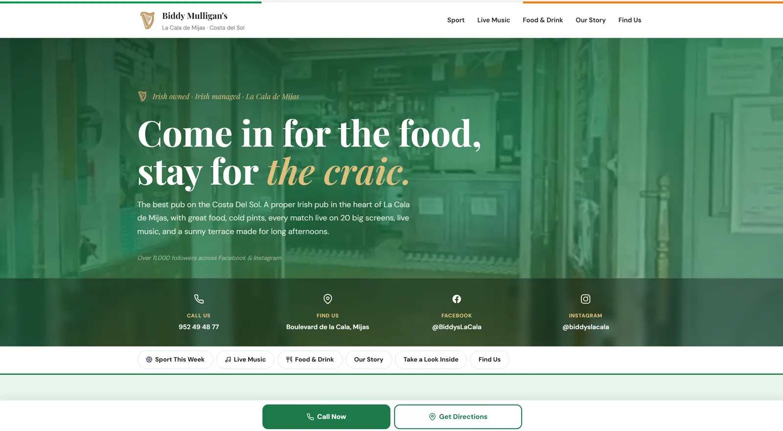 The Biddy Mulligan’s homepage: the pub’s green interior, the line “Come in for the food, stay for the craic”, and buttons to call or get directions.