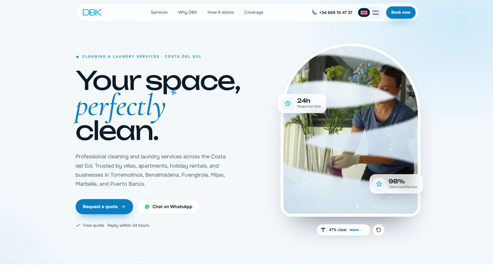 The DeBezemKast homepage: a cleaner wiping a table in a bright villa, with buttons to request a quote and chat on WhatsApp.
